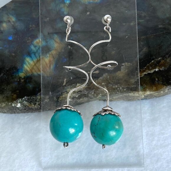 Sterling Silver 925 2.5" Long Spiral Large Faux Turquoise Ball Dangle Earrings - Picture 9 of 16
